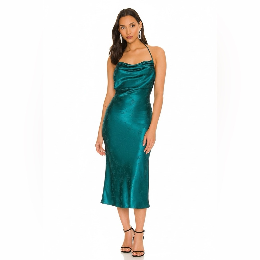 NWT Majorelle Backless Dress in Teal, XS, Jacquard Satin Halter Neck Dress